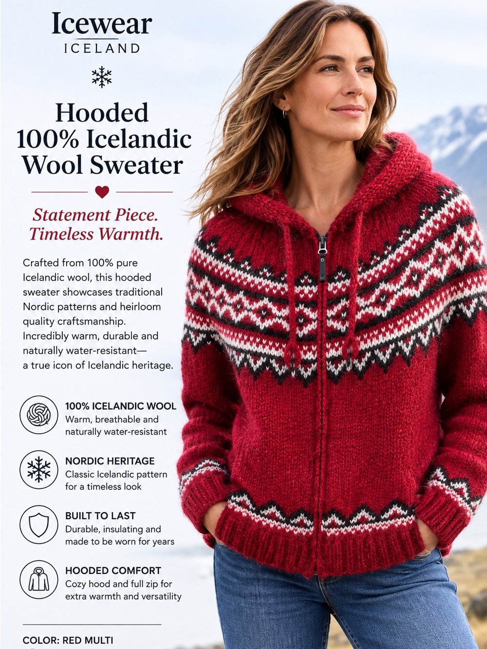Icewear Hooded 100% Icelandic Wool Sweater - Red & White Statement Piece